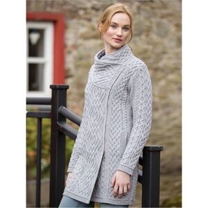 Aran Sweater Market 100% Wool Irish Celtic Long Coatigan Sweater Grey M